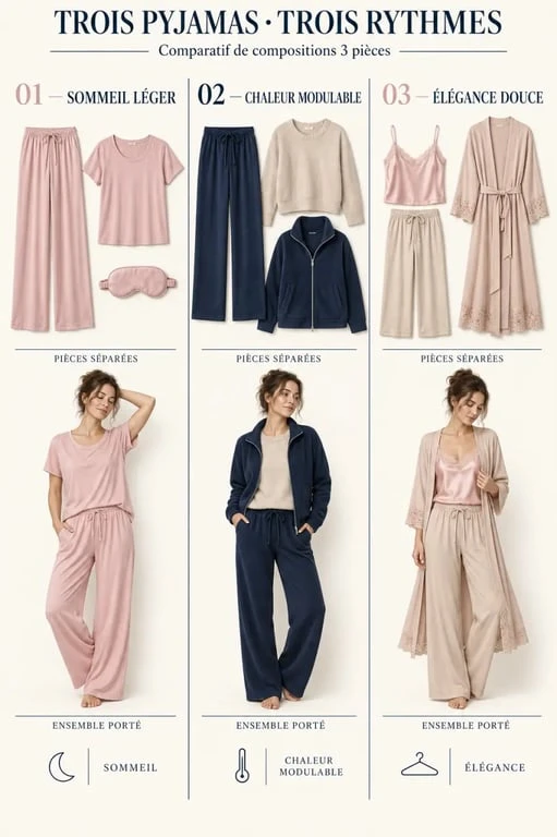 Comparaison de trois compositions de pyjama femme 3 pièces avec masque, veste ou déshabillé