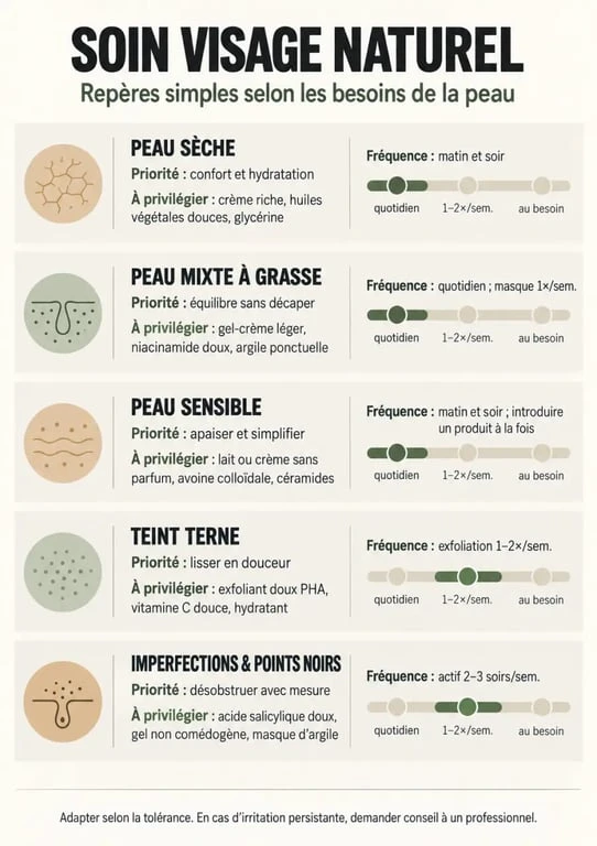 Infographie sur le soin pour visage naturel selon le type de peau et le besoin
