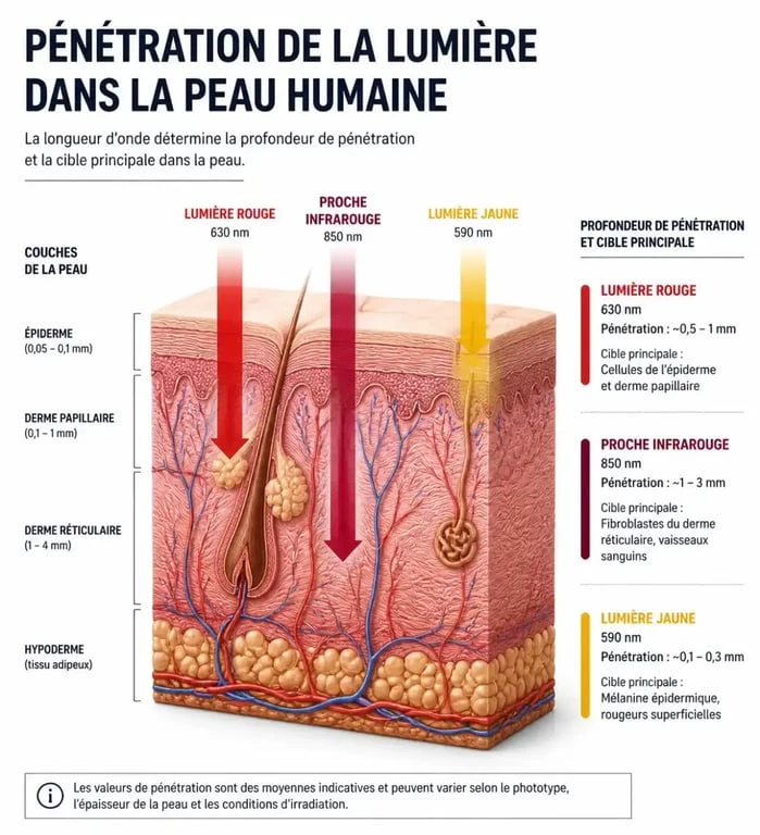 Schéma des longueurs d'onde de la luminothérapie visage rides et leur pénétration cutanée