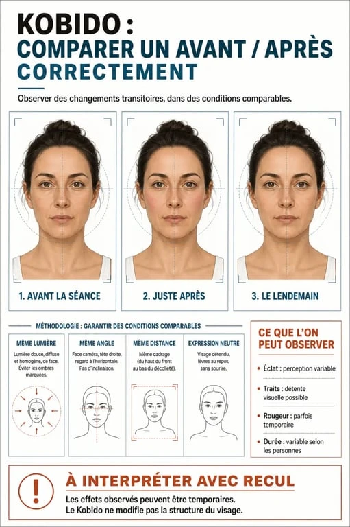 Infographie Kobido avant après avec protocole photo et évolution des effets