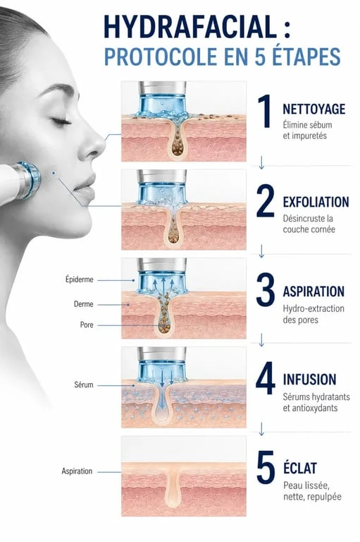 Schéma de l’appareil hydrafacial montrant le nettoyage, l’exfoliation, l’extraction et l’infusion des sérums