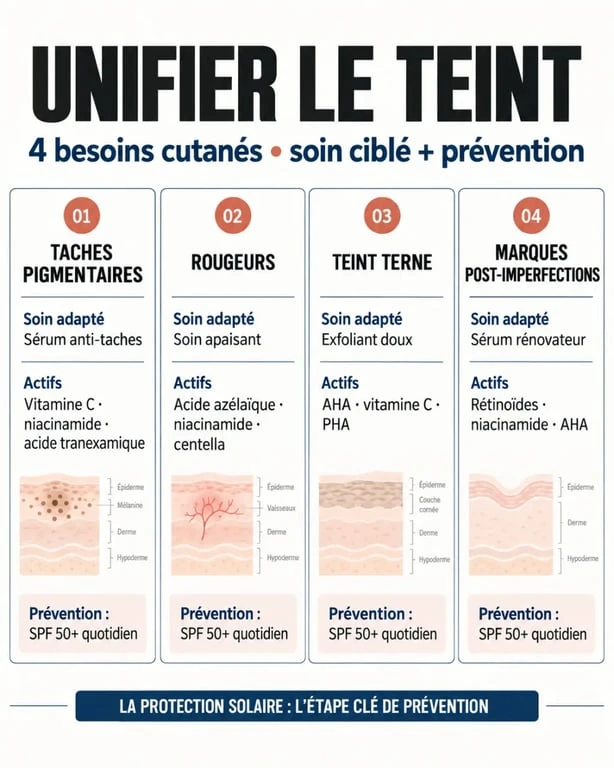 Infographie des meilleures marques soins peau pour l'uniformité du teint selon les taches, rougeurs et teint terne