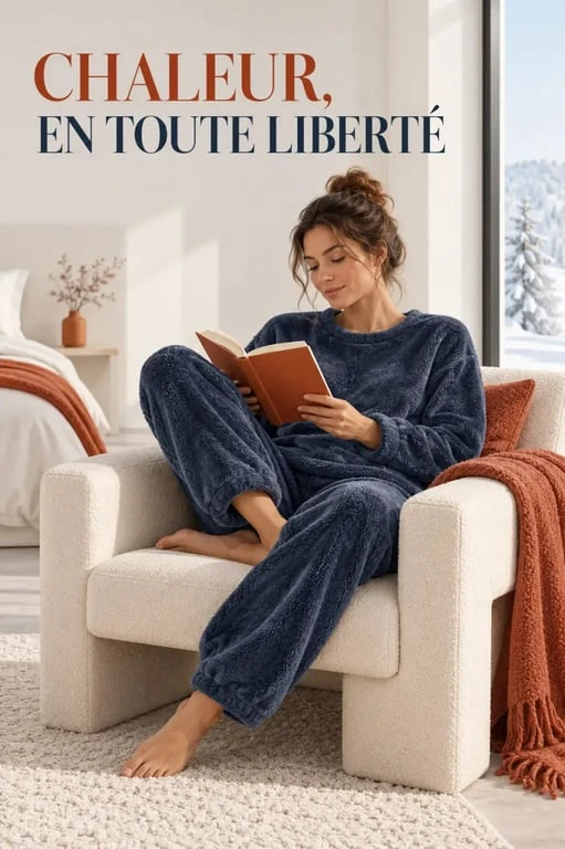 Pyjama femme chaud polaire porté dans une chambre fraîche pour une soirée cocooning