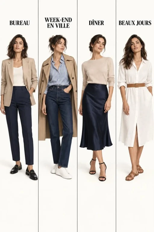 Quatre exemples de tenues style casual chic femme pour le bureau, le week-end, le dîner et les beaux jours
