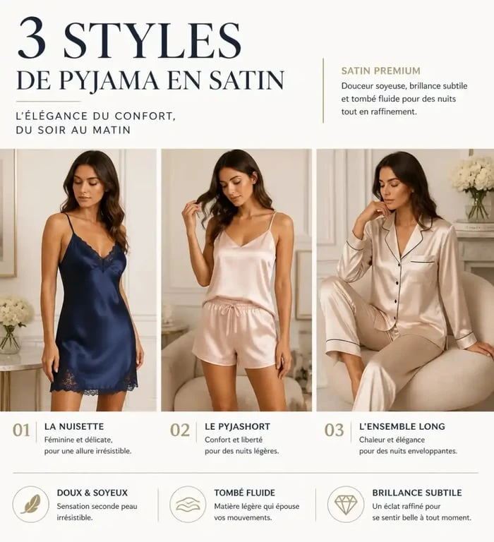 Différents styles de pyjama satin femme : nuisette, pyjashort et ensemble long