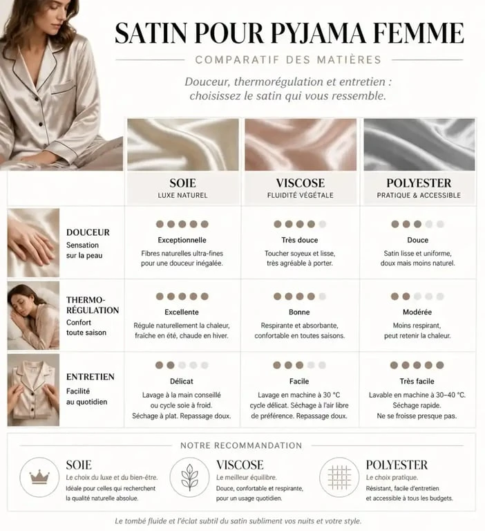 Comparatif des matières pour pyjama satin femme : soie, viscose et polyester