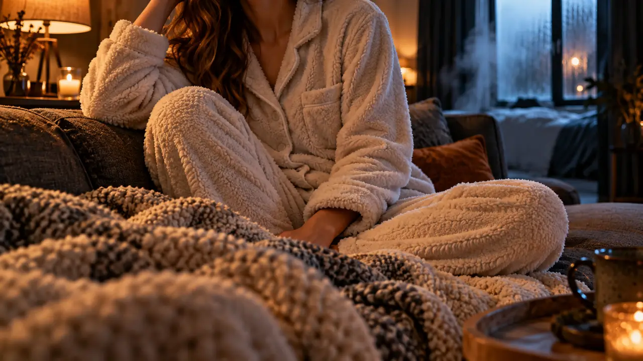 Pyjama femme chaud polaire, tenue duveteuse au salon, ambiance cocooning