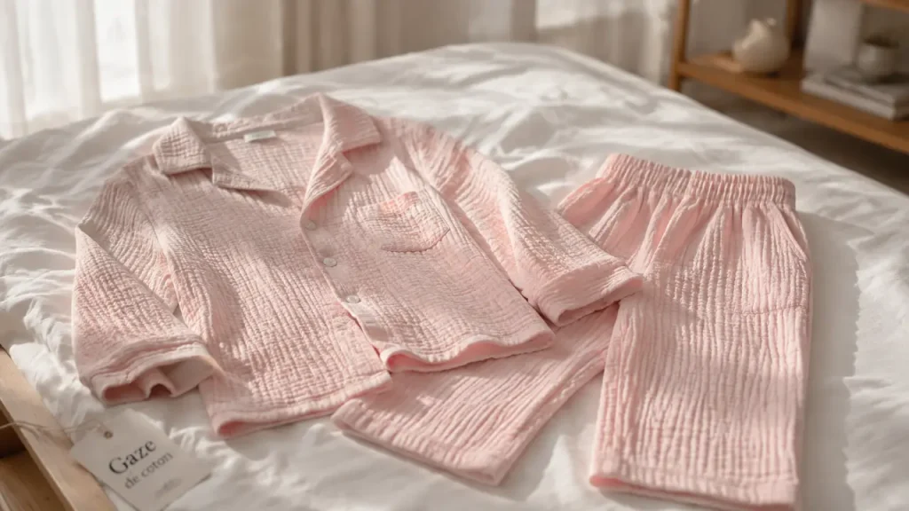 30° max, coupe souple et labels à vérifier pour un pyjama femme en gaze de coton