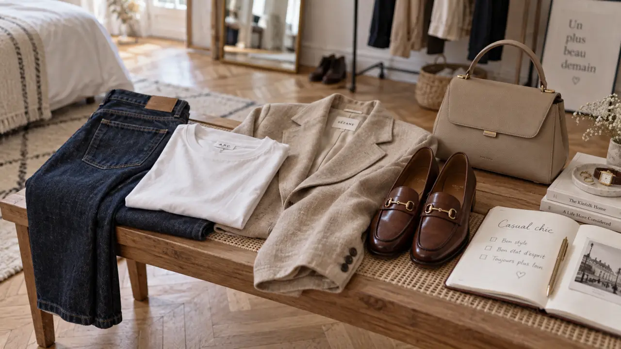 Style casual chic femme : jean bleu, t-shirt blanc, blazer beige, sac en cuir