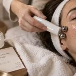 Appareil micro courant visage sur la joue, application avec gel conducteur