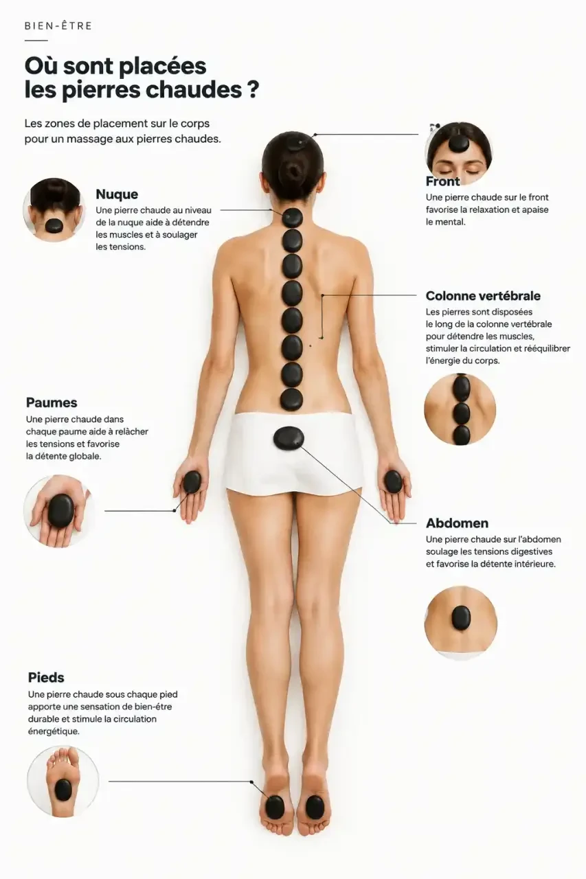 Schéma des zones de placement des pierres lors d'un massage aux pierres chaudes