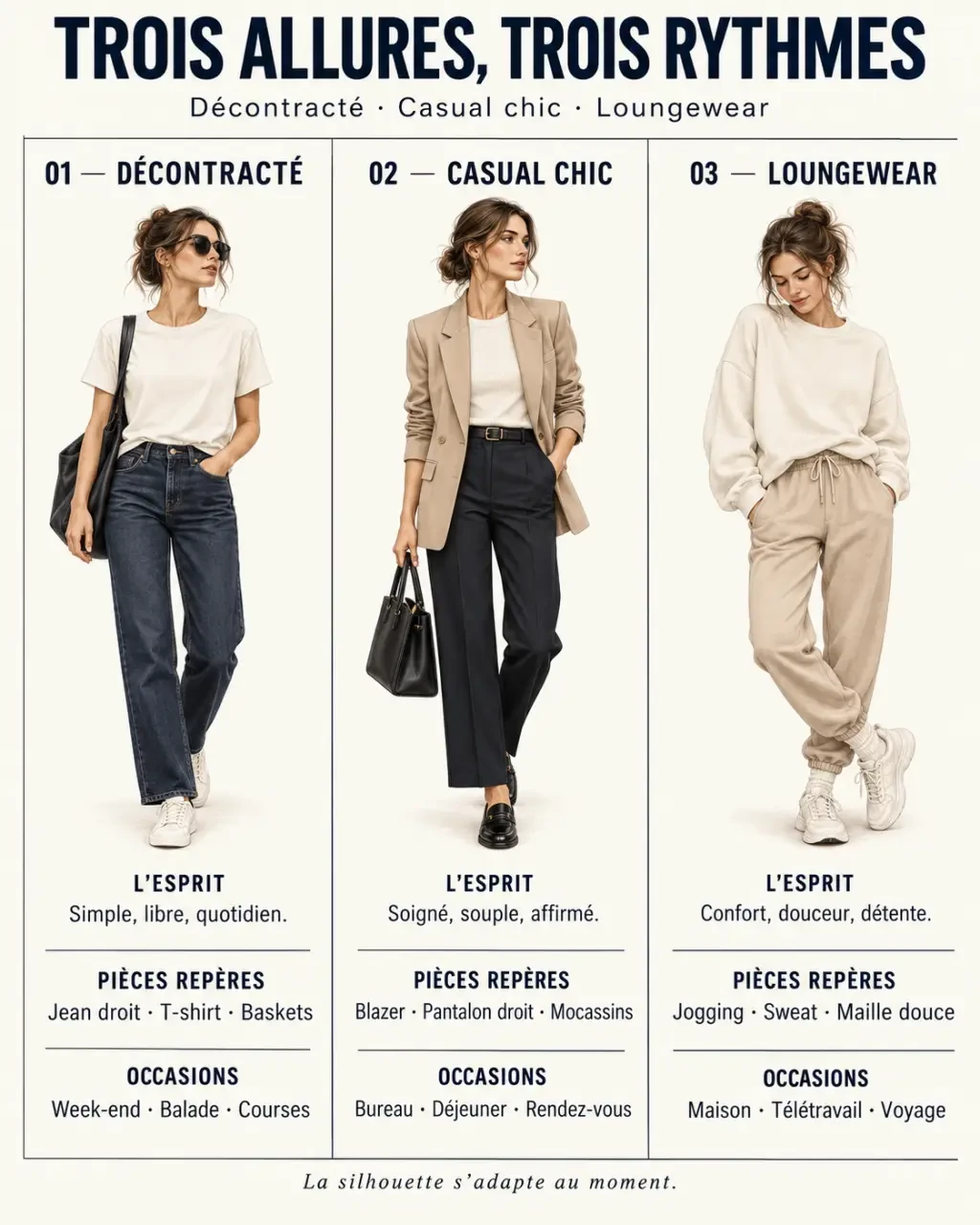 Infographie sur la tenue décontractée femme, le casual chic et le loungewear