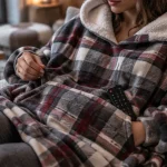 Pull plaid femme XXL au chaud sur canapé