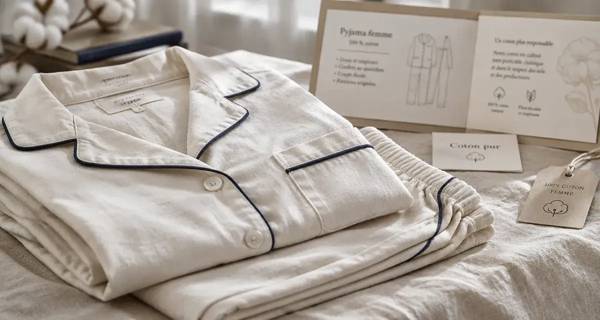 Pyjama femme 100 coton en coton : haut et pantalon, étiquette textile visible