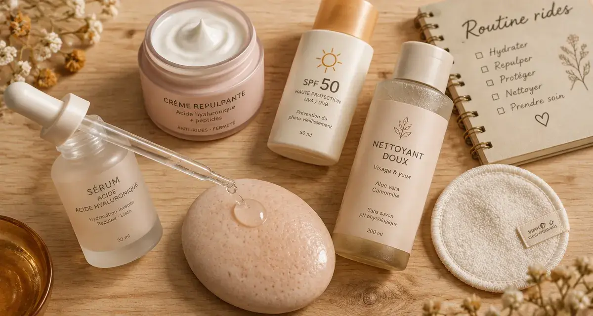 Réduire les rides : SPF quotidien et rétinol le soir, sérum hydratant en routine