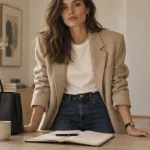 Tenue décontractée femme : jean bleu et blazer beige sur t-shirt écru