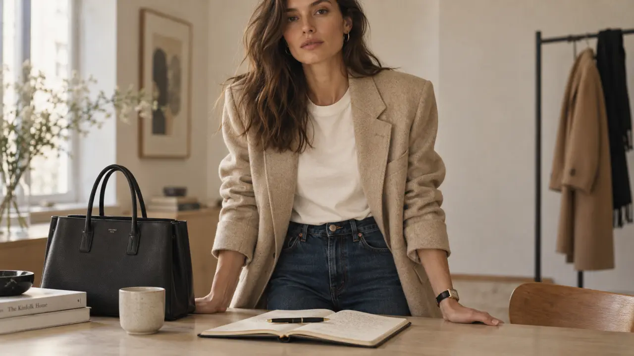 Tenue décontractée femme : jean bleu et blazer beige sur t-shirt écru